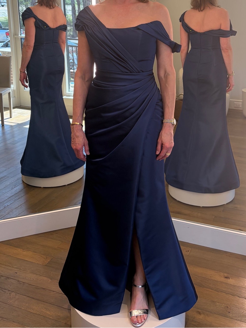 Anne Barge Dunton Gown Off-Shoulder Navy Evening Gown -